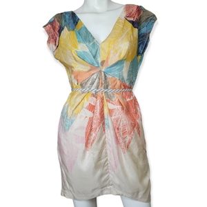 Hype Silk Pleated Multicolored Flutter Sleeve Belted Sheath Dress, EUC, size 4